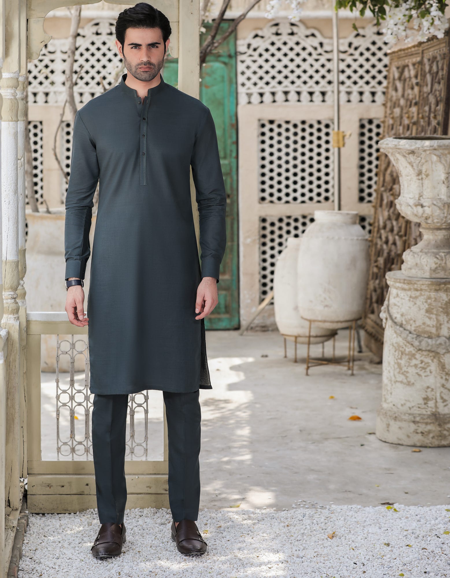 DARK GREEN BLENDED UNSTITCHED KAMEEZ SHALWAR FABRIC | JJMS-2010