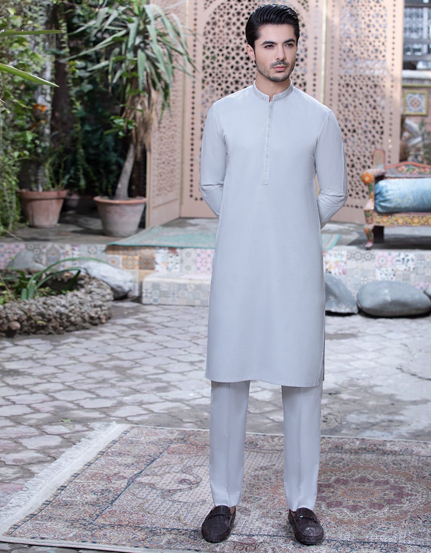 ICE GREY COTTON UNSTITCHED KAMEEZ SHALWAR FABRIC | JJMS-2034