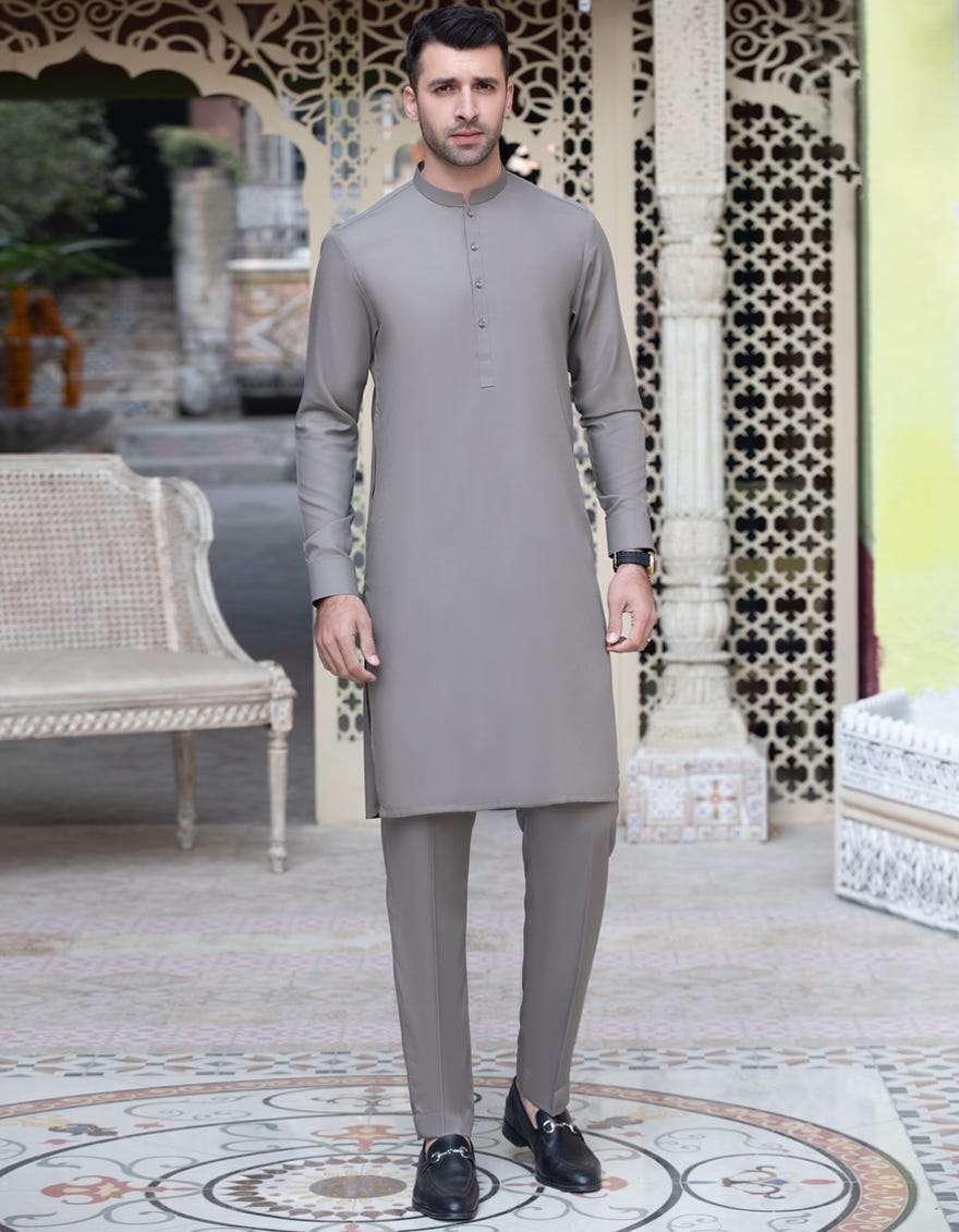 STONE GREY BLENDED UNSTITCHED KAMEEZ SHALWAR FABRIC | JJMS-2038