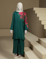 GREEN RAW SILK DIGITAL PRINTED 2PC STITCHED