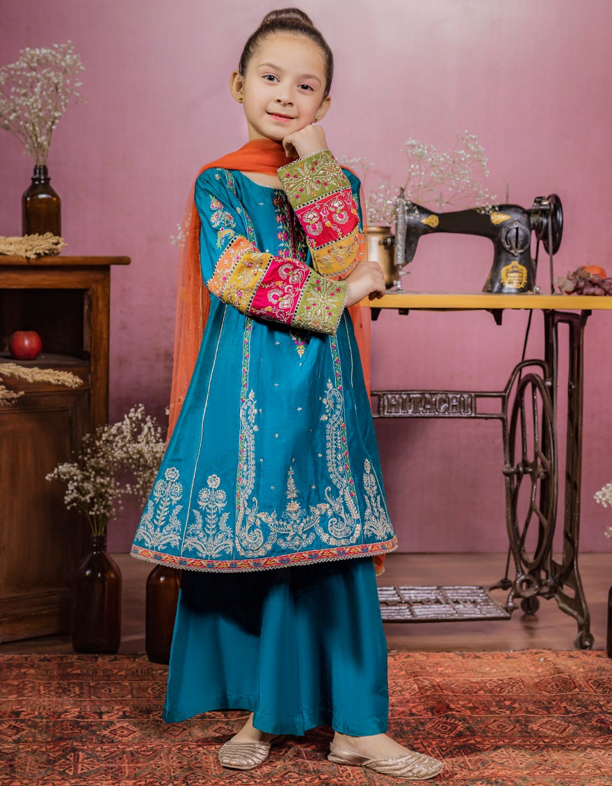 DARK SEA GREEN RAW SILK GIRLS 3PC | JGK-S-22-1912 FB