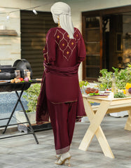 MAROON SILK EMBROIDERED 3PC STITCHED