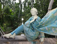 BLUE LAWN PRINTED UNSTITCHED 3PC | JLAWN-S-25-803