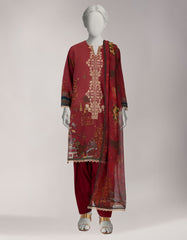 MAROON LAWN EMBROIDERED STITCHED 3PC