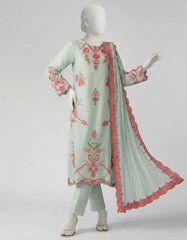 BLUE COTTON SILK EMBROIDERED STITCHED 3PC