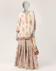BEIGE RAW SILK EMBROIDERED STITCHED 3PC