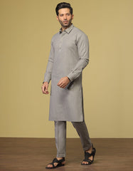 LIGHT GREY BLENDED KURTA PAJAMA | JJKP-S-32579