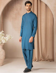 BLUE COTTON SEMI-FORMAL KAMEEZ SHALWAR
