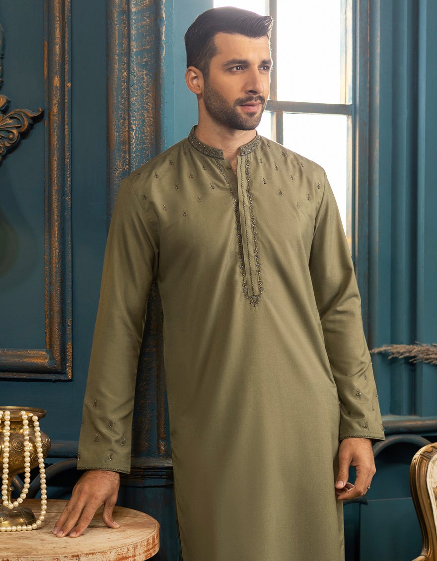 DULL OLIVE BLENDED KAMEEZ SHALWAR | JJKS-S-36856