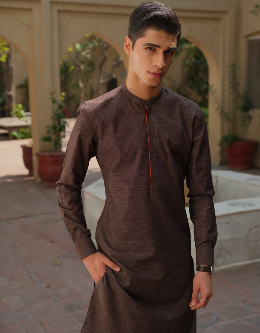 BROWN TEXTURE CVC KURTA PAJAMA | JJKP-S-36890