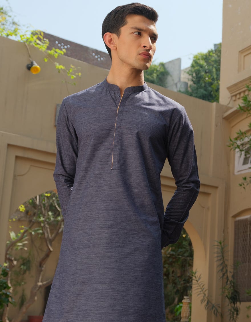 BLUE TEXTURE CVC KURTA PAJAMA | JJKP-S-36891