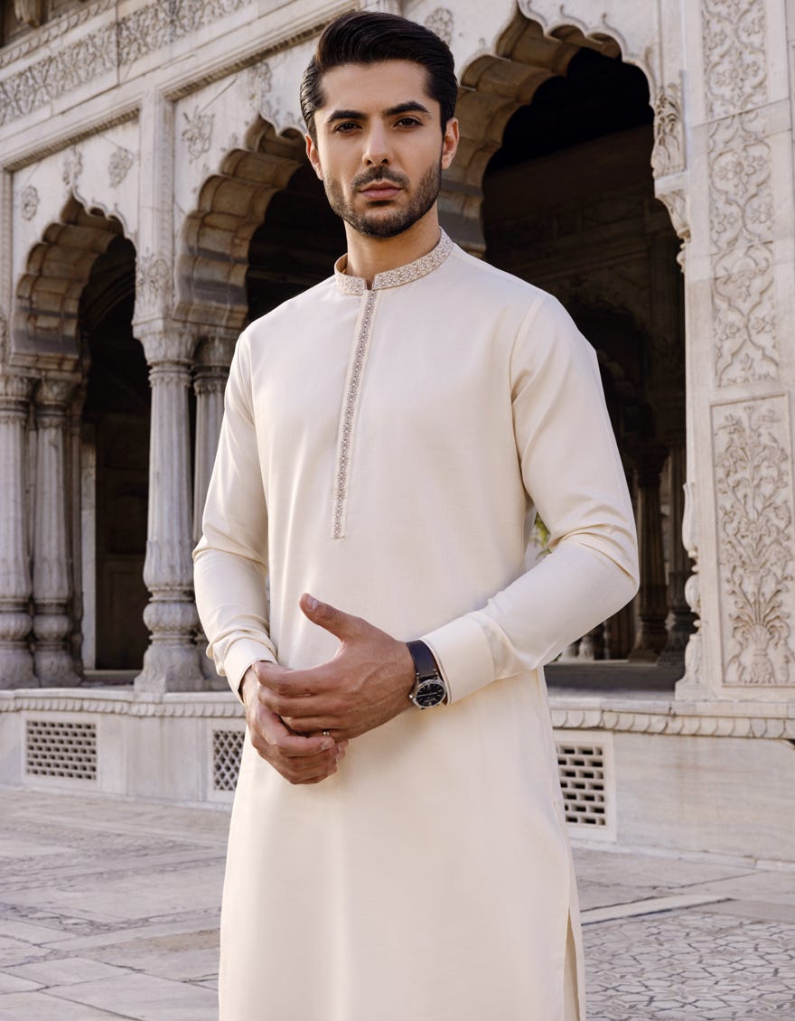 CREAM COTTON KAMEEZ SHALWAR | JJKS-S-37593