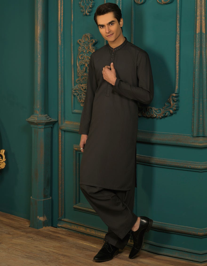 DARK GREY WHITE COTTON KAMEEZ SHALWAR | JTKS-S-39285