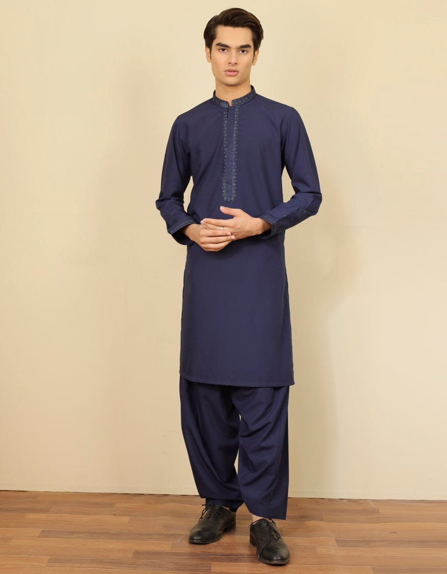 NAVY BLUE BLENDED KAMEEZ SHALWAR | JTKS-S-39302