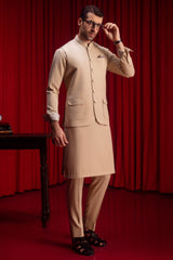SAINT PAUL - KHAKI BLENDED KAMEEZ SHALWAR & WAISTCOAT