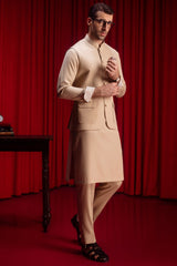 SAINT PAUL - KHAKI BLENDED KAMEEZ SHALWAR & WAISTCOAT