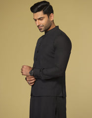 CHARCOAL GREY BLENDED KAMEEZ SHALWAR & WAISTCOAT | JJKSVC-40317