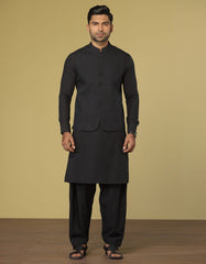 CHARCOAL GREY BLENDED KAMEEZ SHALWAR & WAISTCOAT | JJKSVC-40317