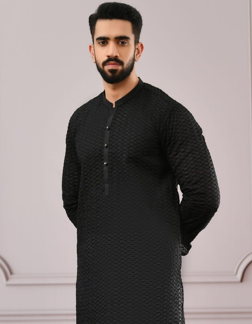 BLACK SCHIFFLI KURTA | JJK-A-42340