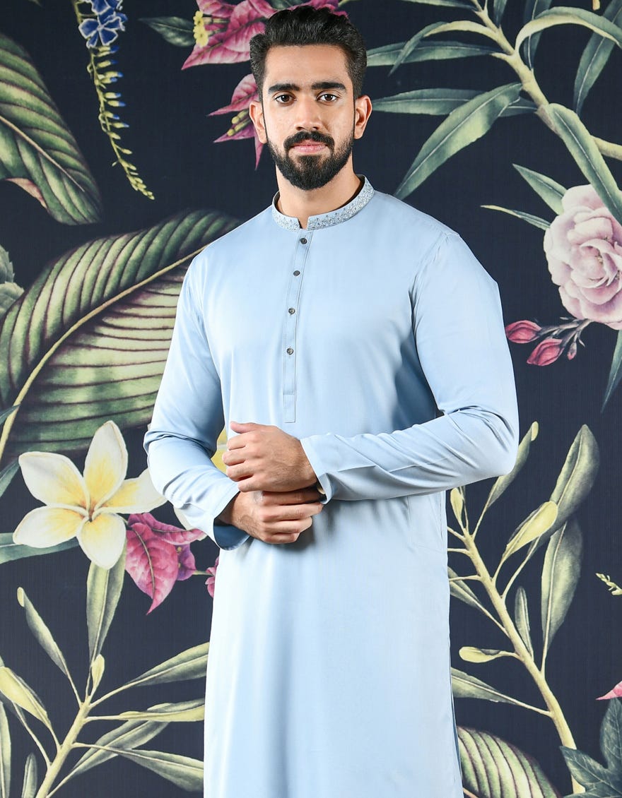COLUMBIA BLUE POLYESTER VISCOSE KAMEEZ SHALWAR | JJKS-42405