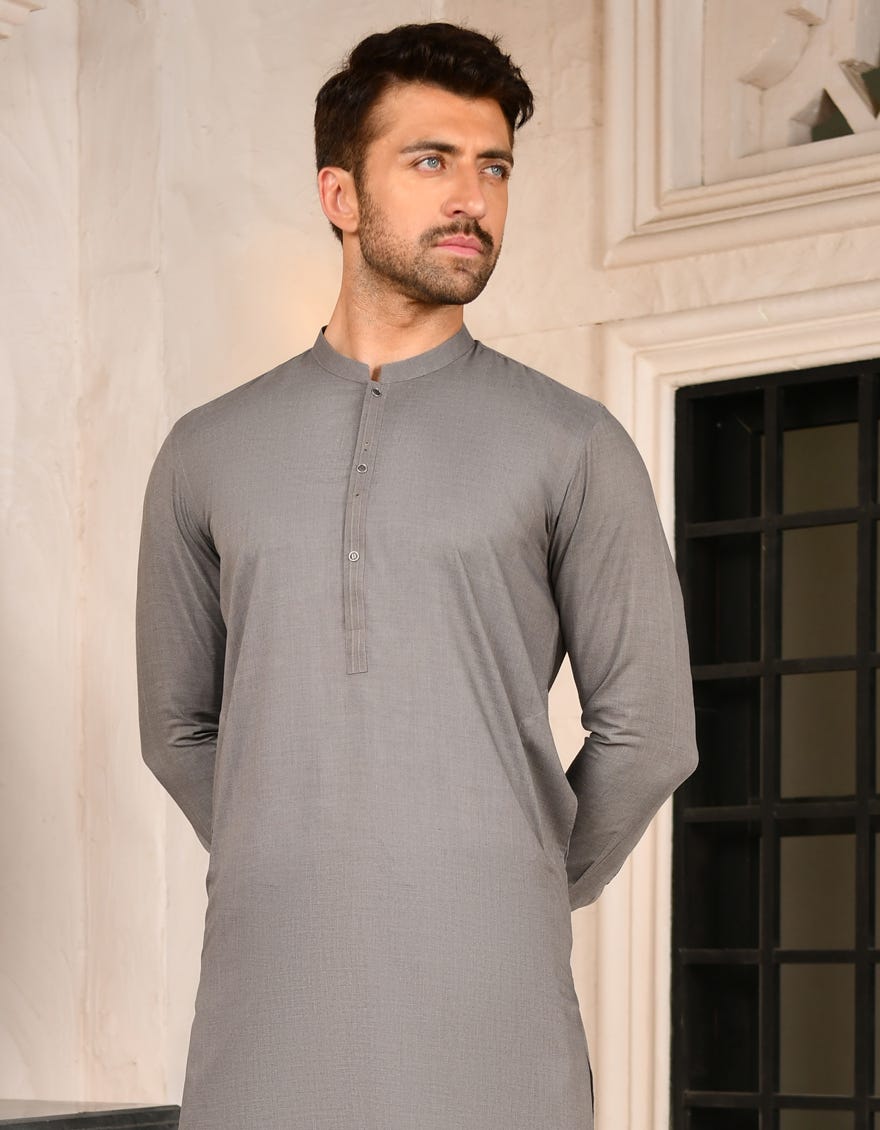 ASH GREY POLYESTER VISCOSE KAMEEZ SHALWAR | JJKS-S-44043