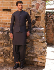 GREY BLENDED KAMEEZ SHALWAR & WAISTCOAT | JJKSVC-A-47390