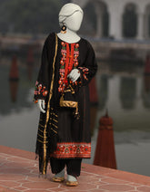 BLACK DOBBY EMBROIDERED UNSTITCHED 3PC | JLAWN-S-25-3077