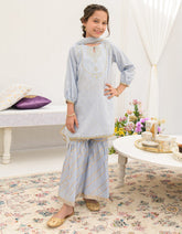 BLUE DOBBY EMBROIDERED 3PC STITCHED
