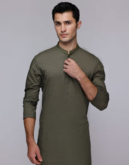 OLIVE COTTON SEMI-FORMAL KURTA
