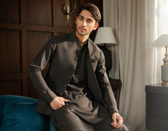 CHARCOAL EXCLUSIVE KAMEEZ SHALWAR + WAISTCOAT