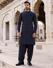 DEEP GREEN BLENDED KAMEEZ SHALWAR & WAISTCOAT | JJKSVC-40261