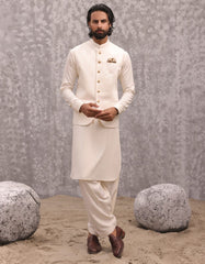 CREAM BLENDED KAMEEZ SHALWAR & WAISTCOAT | JJKSVC-A-47225