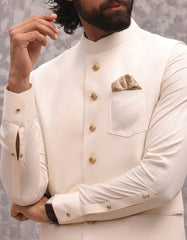 CREAM BLENDED KAMEEZ SHALWAR & WAISTCOAT | JJKSVC-A-47225