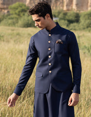 NAVY BLUE POLYESTER KAMEEZ SHALWAR & WAISTCOAT | JJKSVC-A-47356
