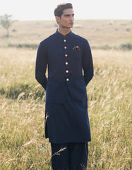 NAVY BLUE POLYESTER KAMEEZ SHALWAR & WAISTCOAT | JJKSVC-A-47356