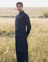 NAVY BLUE POLYESTER KAMEEZ SHALWAR & WAISTCOAT | JJKSVC-A-47356