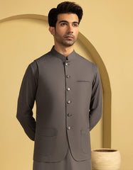 GREY BLENDED EXCLUSIVE KAMEEZ SHALWAR & WAISTCOAT