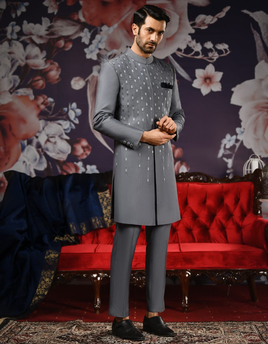 HEATHER GREY SUITING SHERWANI | JJSWP-538