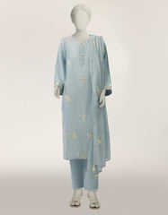 BLUE COTTON SILK EMBROIDERED STITCHED 3PC