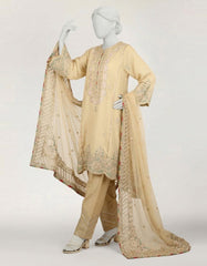 BEIGE COTTON NET EMBROIDERED STITCHED 3PC