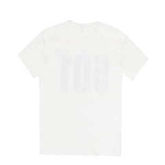 ROUND NECK (MEN) - WHITE WITH BLUE PRINT