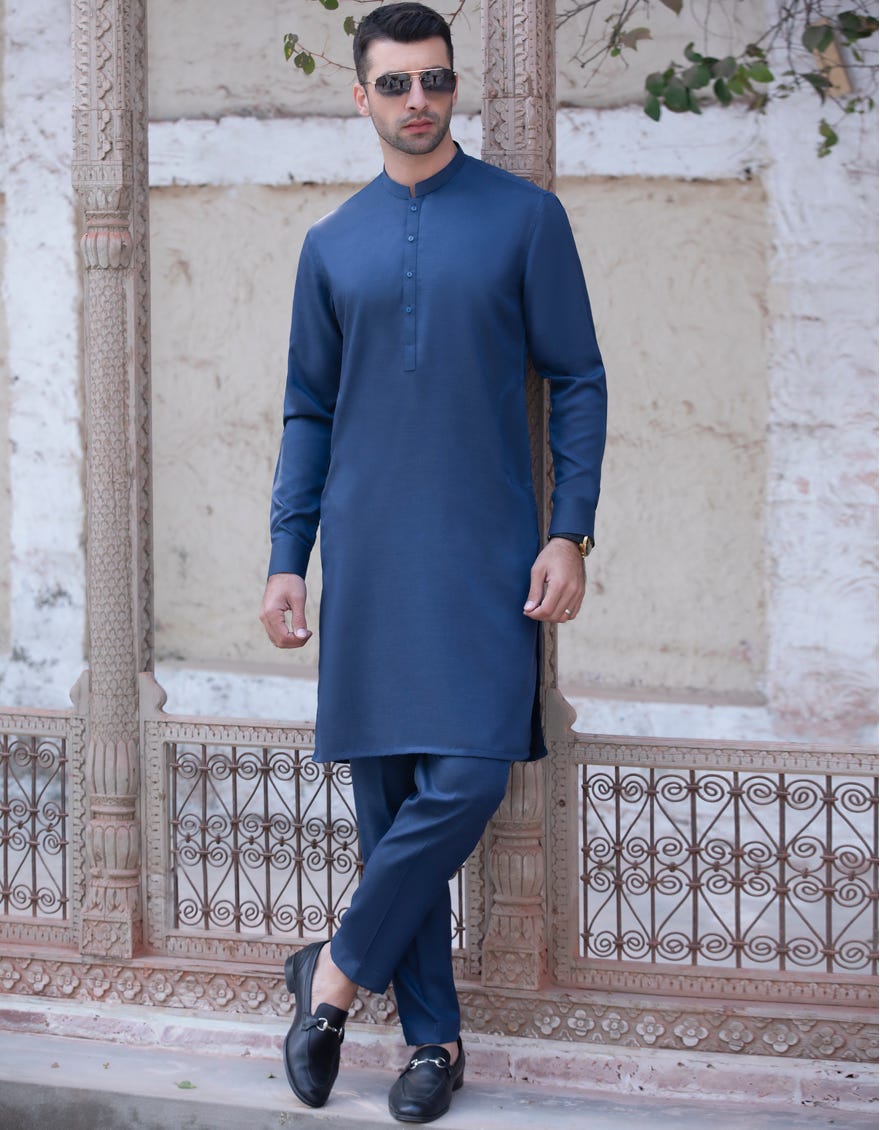 DENIM BLUE BLENDED UNSTITCHED KAMEEZ SHALWAR FABRIC | JJMS-2027