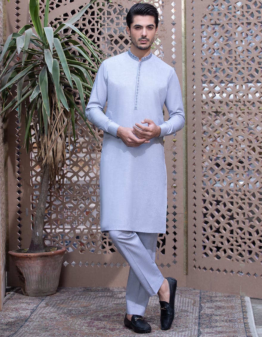 ASH GREY BLENDED  UNSTITCHED KAMEEZ SHALWAR FABRIC | JJMS-2028