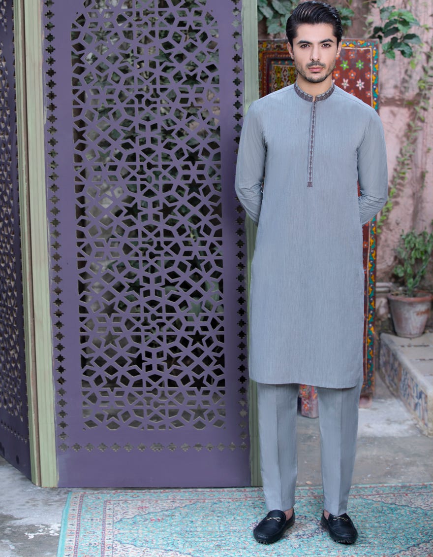 ASH GREY BLENDED UNSTITCHED KAMEEZ SHALWAR FABRIC | JJMS-2031