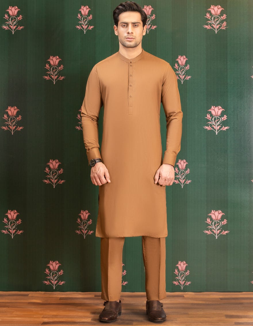 CARAMEL BROWN COTTON  UNSTITCHED KAMEEZ SHALWAR FABRIC | JJMS-2039
