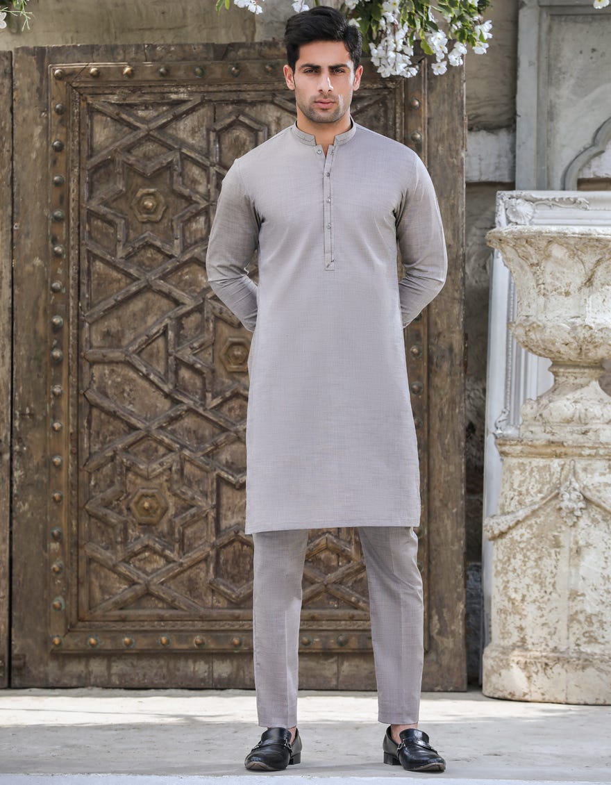 SMOKE GREY COTTON UNSTITCHED KAMEEZ SHALWAR FABRIC | JJMS-2061