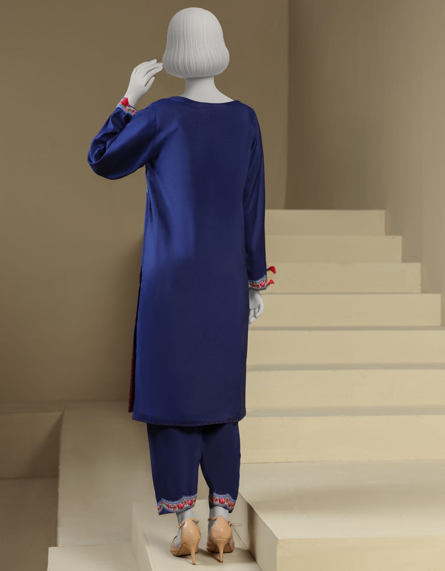BLUE RAW SILK DIGITAL PRINTED 2PC STITCHED