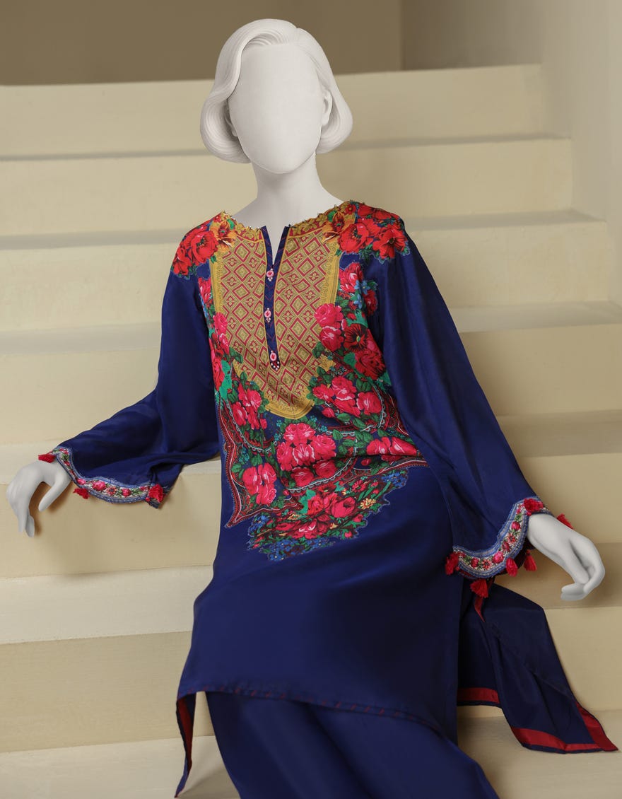BLUE RAW SILK DIGITAL PRINTED 2PC STITCHED