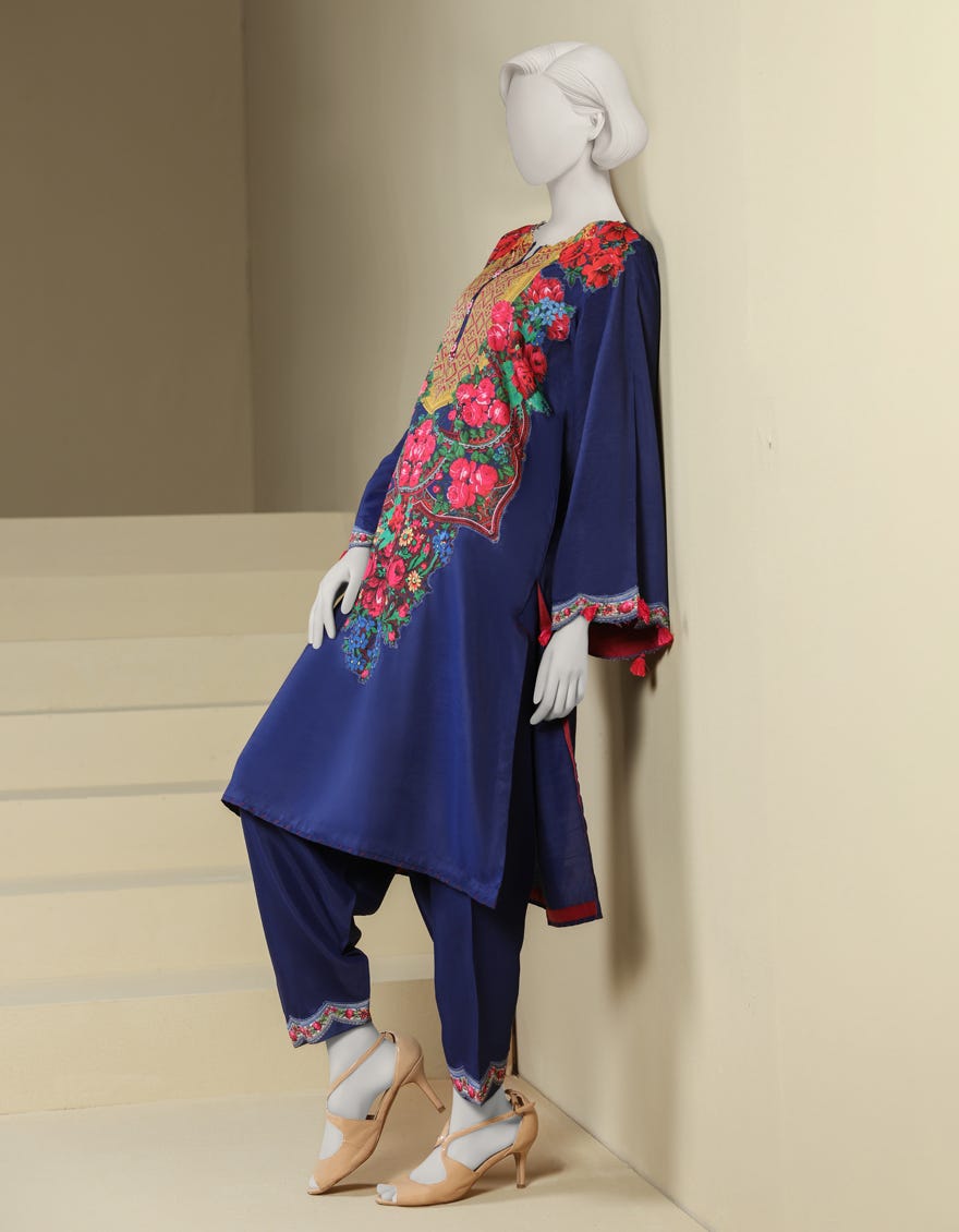 BLUE RAW SILK DIGITAL PRINTED 2PC STITCHED
