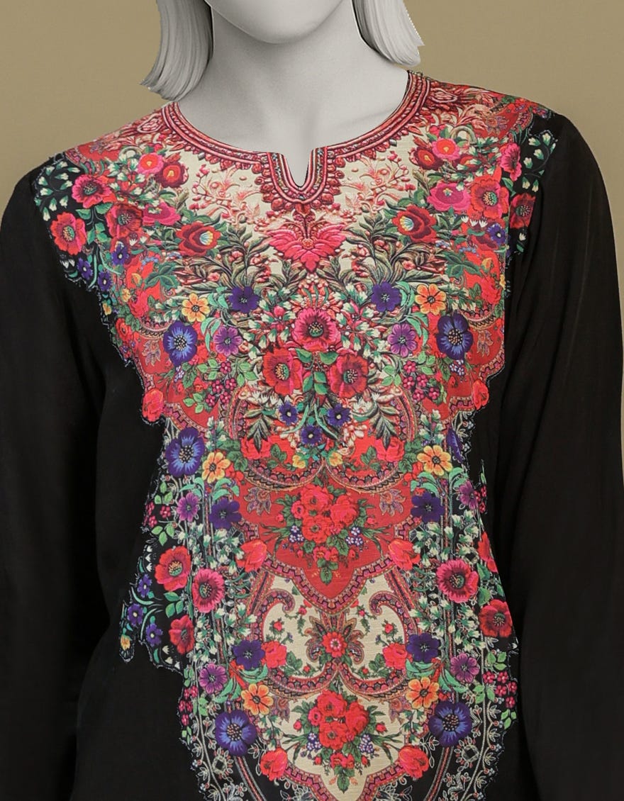 BLACK RAW SILK DIGITAL PRINTED 2PC STITCHED